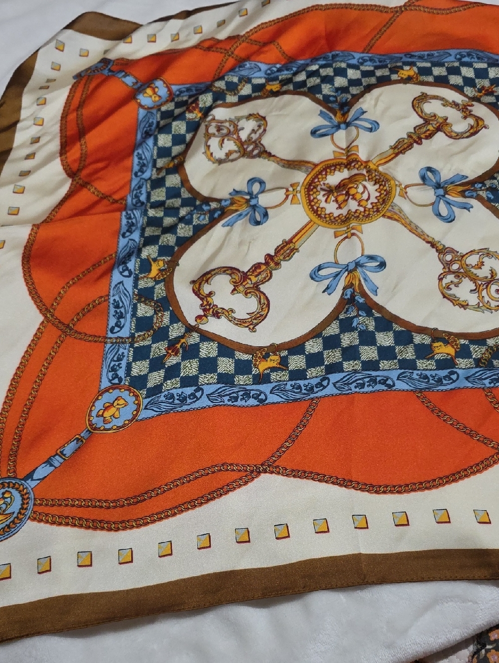 Square Scarf in Orange, Brown, Blue‎ & Cream.